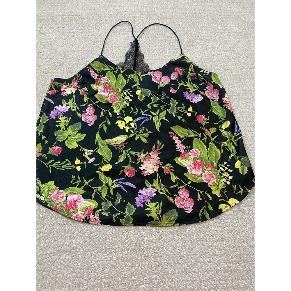 Victorias Secret Satin Camisole Top NWT Black Floral Lace Back Halter Size L - Picture 2 of 11